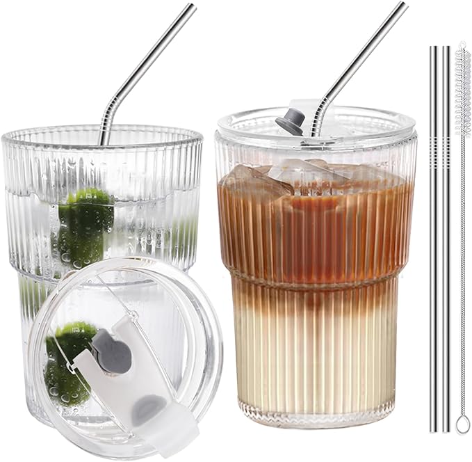 HIGIINC Iced Coffee Cups With Lids and Straws 2 Pcs, 16 OZ Unbreakable Cup Drinking Set,Clear Plastic Cups Reusable Iced Coffee Tumbler with Lid and Straw, To Go Coffee Cups Dishwasher Safe