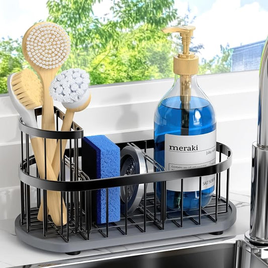 Sponge Holder for Kitchen Sink with High Brush Holder, [Stay-Dry Anywhere & No Drainage Needed] Rustproof Stainless Steel Kitchen Sink Caddy Organizer with Water Absorbing Stone Tray, Black