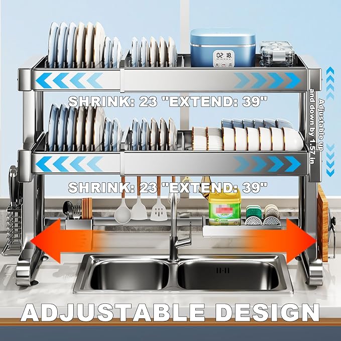 Over Sink Dish Drying Rack 3 Tier Dish Drying Rack Full 304 Stainless Steel Large Storage Kitchen Dish Rack Expandable Drainer Shelf Rack for Kitchen Counter Above Sink Organizer（23"-39"