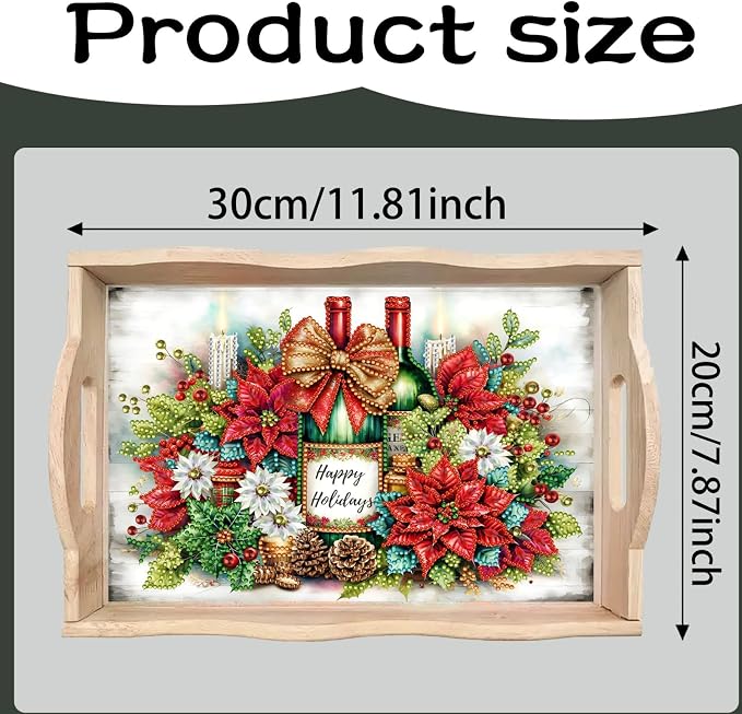 BAYUNOE DIY Diamond Serving Tray Christmas Rectangular Breakfast Tray with Handle Handmade Diamond Art Painting Wooden Tray for Dinner Plate Coffee Room Living Home Organizer-Champagne