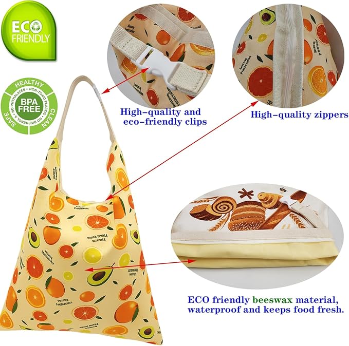 Reusable Bread Bags with Waxed Cotton Lining & Waterproof TPU Options – Linen Exterior with Patterns,Eco-Friendly Food Storage Tote for Homemade Bread, Baguette, Pastries-Zip+Beeswax+Mode2-2Pack