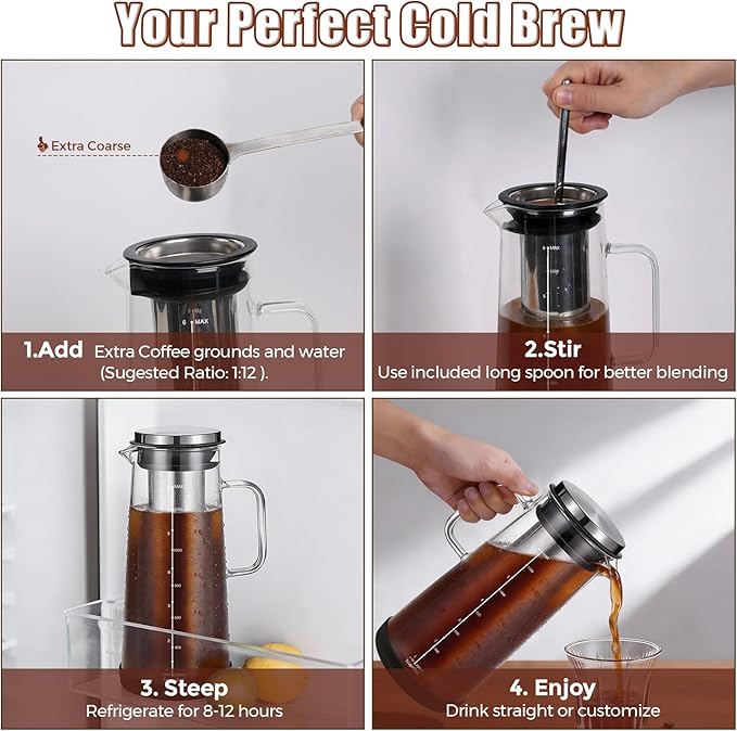 Cold Brew Coffee Maker 1.4L/48oz with Handle, Extended Stainless Steel Filter for Deep Extraction, Iced Tea Pitcher with Non-Slip Base Includes Cleaning Brush & Long Stirring Spoon