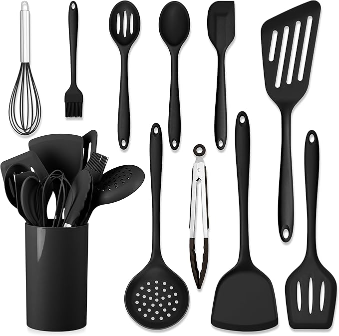 HaWare 11 PCS Silicone Cooking Utensils Set, Heat Resistant Kitchen Utensils with Holder, Food-grade Spatula Sets for Nonstick Cookware, Kitchen Tools Gadgets Include Fish Turner, Spoon (Black)