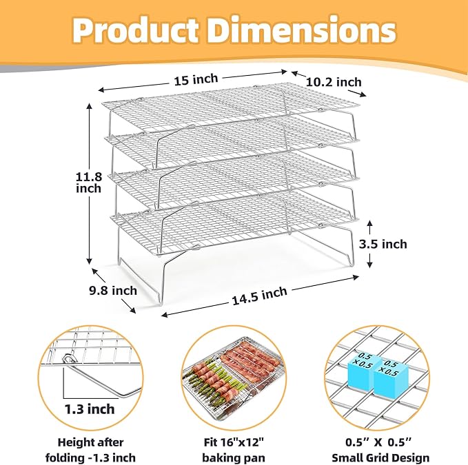 P&P CHEF Cooling & Baking Rack, 4-Tier Stainless Steel Stackable Grid Cooking Racks for Cooling Roasting Grilling, Collapsible & Heavy Duty, Oven & Dishwasher Safe, 15" x 10"