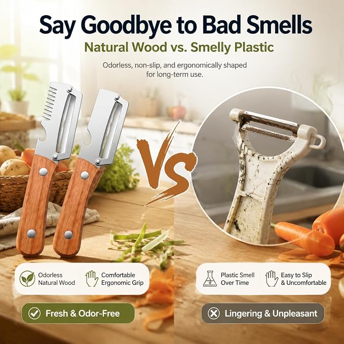 2Pcs Vegetable Peeler with Wooden Handle, Odor-Free Stainless Steel Multi Functional Vegetable Cutter, 2-in-1 and 3-in-1 Kitchen Tool with Scallion Shredder and Bottle Opener for Cooking and Camping