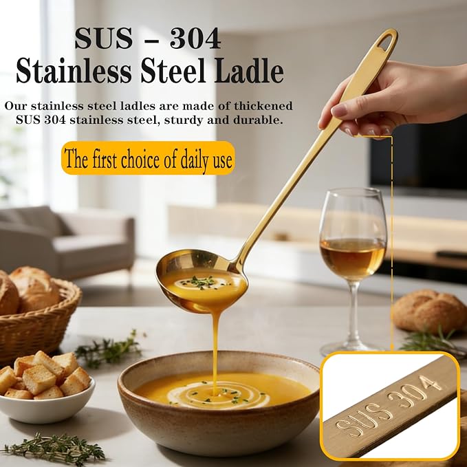 2 Pcs Stainless Steel Soup Ladle, 11.4" Gold Serving Spoons, Gold Ladles for Serving Soup, Stew