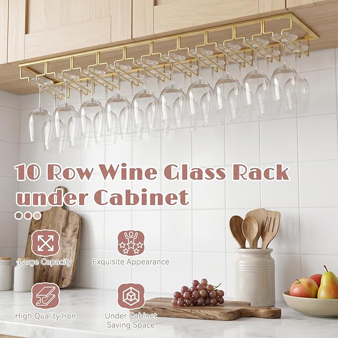 Xverycan Wine Glass Rack Under Cabinet, 10 Row Extreme Large Stemware Hanger, Metal Wine Goblet Holder, DIY Bar Glass Storage Rack for Bar Counter, Kitchen, Screws Included (Gold)