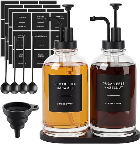 Remerry 2 Pcs Coffee Syrup Dispenser 16.9oz 500ml Glass Syrup Dispenser with 4 Spoons, 36 Labels and Bamboo Tray, Glass Bottles with Pump for Coffee Accessories (Black)