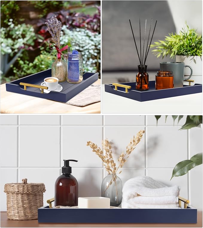 SXNOWS Coffee Table Tray - Large Ottoman Tray for Living Room - Wood Serving Tray with 2 Sets of Handles - Wooden Trays for Coffee Tables, 4 Round Coasters Included, Deep Blue