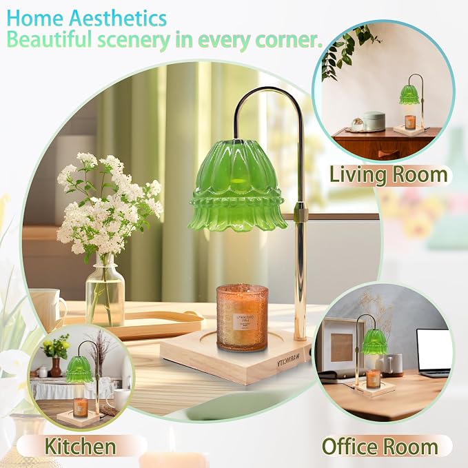 Glass Flower Lampshape Candle Warmer Lamp with Adjustable Height, Wax Burner Lamp with Timer and Dimmer, Wooden Base Candle Warmer, Women's Gifts (Green)