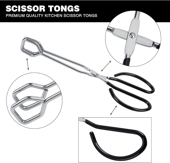 MSY BIGSUNNY Stainless Steel Scissor Tongs Heavy Duty Cooking Tongs with Soft Handles (1, black 10")