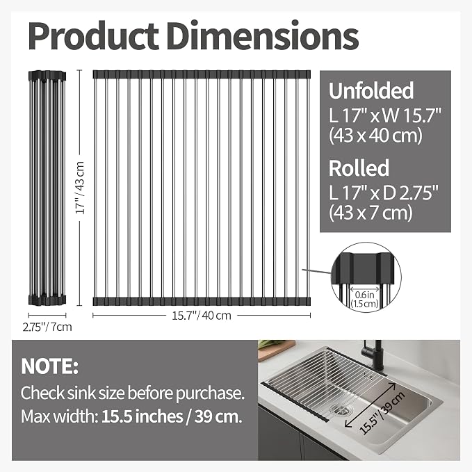Dish Drying Rack with Roll Up and Over Sink for Kitchen 17"X15.7" (Black)