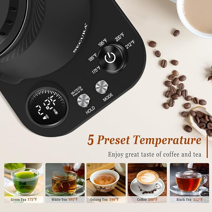 Secura Electric Gooseneck Kettle with 5 Temperature Control Presets, 100% Stainless Steel Inner Tea/Coffee Kettle with 1.5H Keep Warm, 1200 Watt Quick Heating for Coffee Tea Brewing, 0.8L, Matt Black