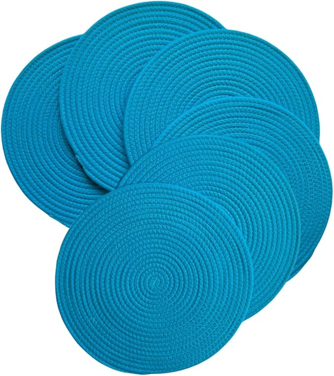 WAZAIGUR Round Placemats Washable Thick Cotton Absorbent 13 inch Round Table Mats for Kitchen Dining Table Set of 6 Round Woven Fabric Indoor/Outdoor Place Mats (Sky Blue, 6)