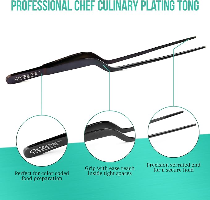 O'Creme 8 Inch Stainless Steel Precision Kitchen Culinary Offset Tweezer Tongs