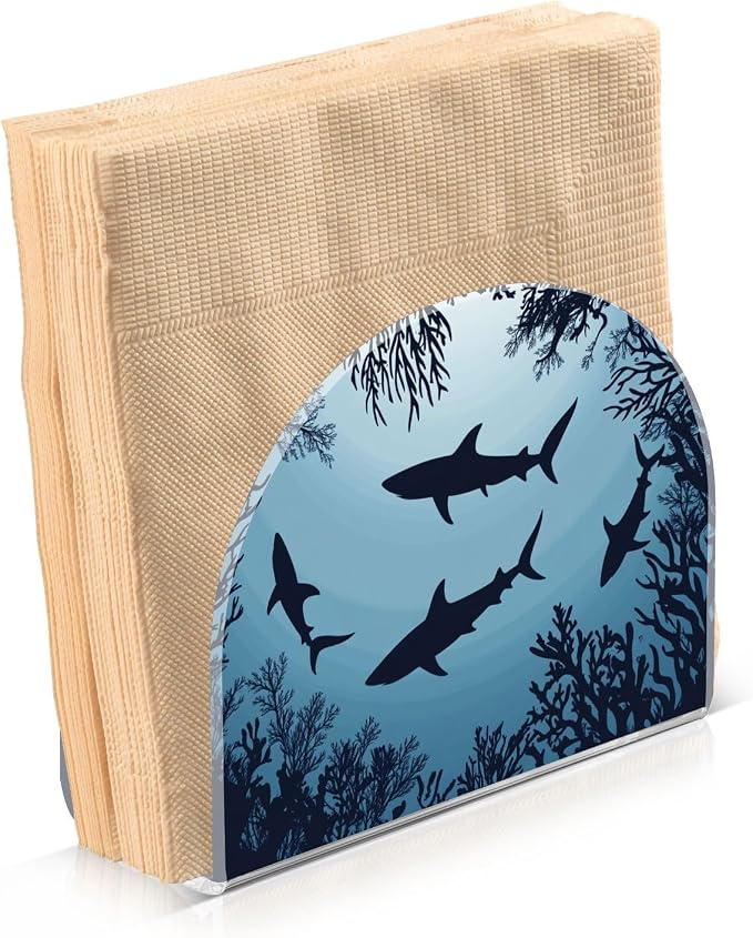 Fustylead Swimming Sharks Ocean Animal Napkin Holder for Table Acrylic Vertical Napkin Holders for Paper Napkins Decor Napkin Dispenser for Home Party Dining Cocktail Kitchen Accessories, 2 Pack