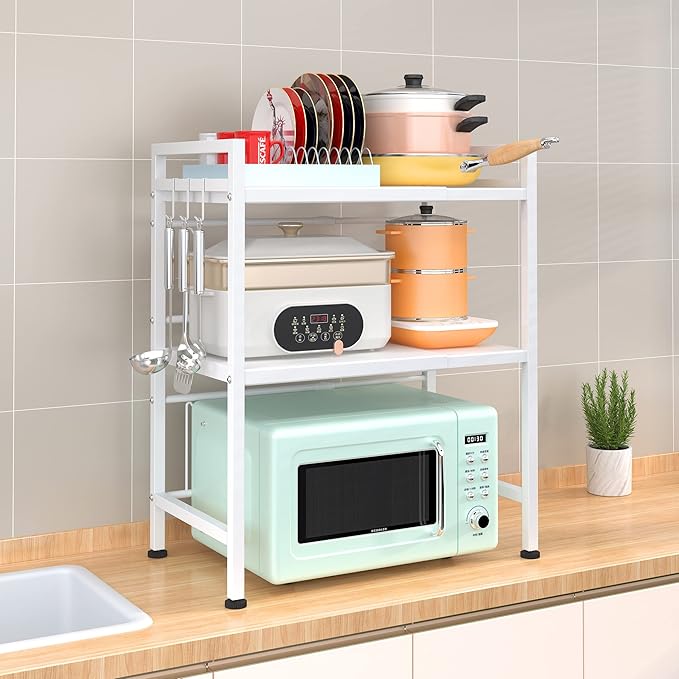 PUSDON Microwave Oven Rack, Adjustable Shelf Organizer 3-Tiers with 3 Hooks, & 160lbs Capacity for Kitchen Counter, White