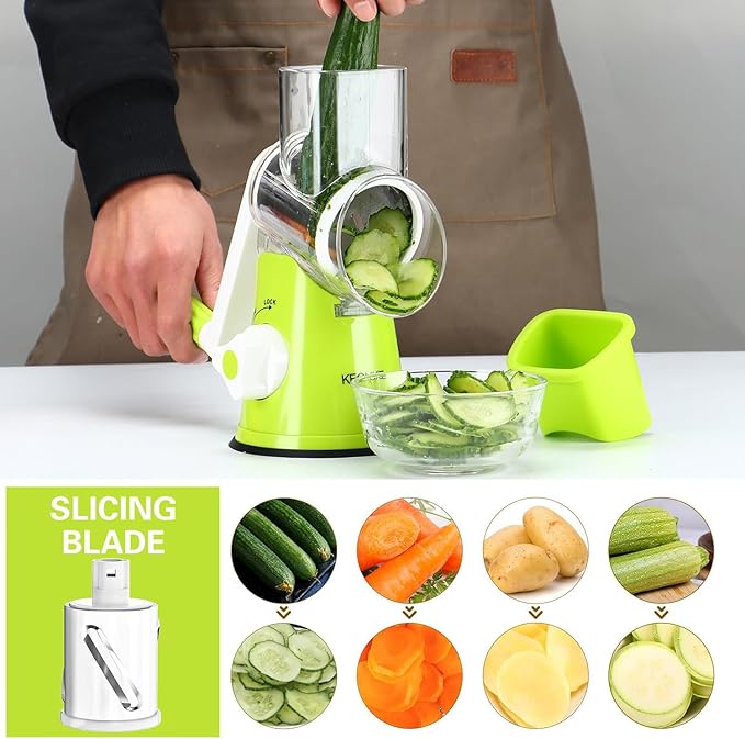 Cambom Rotary Cheese Grater Hand Crank Cheese Shredder for Fresh Cheese, Vegetable, Nuts,Non-slip Suction Base，Three Blades,Green