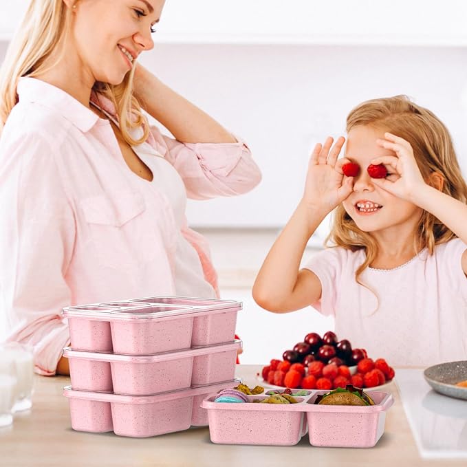 Bento Box 4-Pack 5-Compartment Meal Prep Containers, BPA-Free Plastic, Stackable Food Storage Lunch Boxes for Adults and Kids, School Work Travel (Pink)