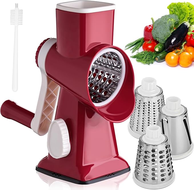 HANSGO Rotary Cheese Grater, Hand Crank Cheese Shredder, 3 Metal Blades & Cleaning Brush, Non-slip Suction Base, Labor-Saving Handle, Kitchen Gadgets for Vegetable, Nuts, Gifts for Women