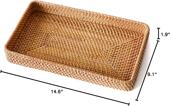 Wicker Storage Basket, Rattan Tray Rectangular for Bathroom Living Room, Decorative Serving Woven Trays Wicker Baskets for Organizing, Woven Seagrass Tray for Storage Home Decor L(14.6" × 9.1")