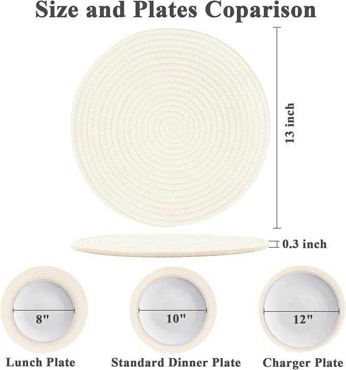 Round Placemats Set of 6, Cotton Rope Woven Table Mats, Hot Pads for Kitchen, Non Slip Heat Resistant Place Mats, 13 Inches Braided Placemat for Farmhouse Decor and Kitchen Table Decor (Cream)