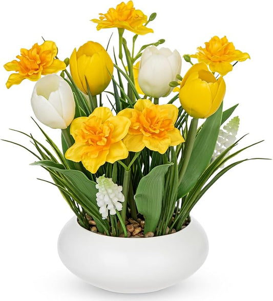 Hollyone Tulips Artificial Flowers with Daffodil Bulbs in Vase Fake Tulips Silk Flowers Arrangements with Ceramic Pot Daffodil Tulip Bulbs Floral Bouquet for Home Decor Table Centerpiece White Yellow