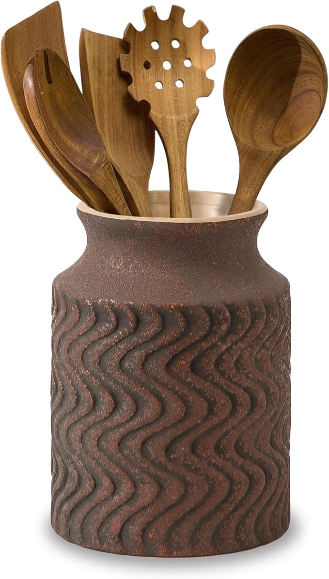 Farmhouse Ceramic Farmhouse Kitchen Utensil Holder for Countertop, Rustic Cooking Utensil Holder Crock Fit for Kitchen Counter