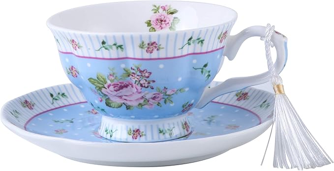 London Boutique Coffee Tea Cups and Saucers Set Afternoon Tea Vintage Flora Rose Gift Box 7.5oz (Rose Blue Set 2)