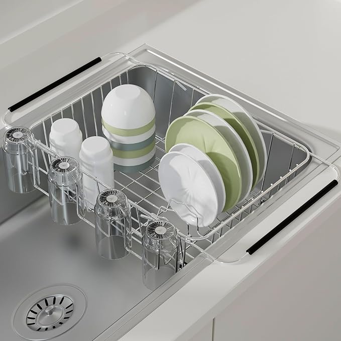 NiuYichee Stainless Steel Dish Drying Rack(15" L X 11" W X 4.1" H), Expandable Drain Rack Over Sink, Dish Drainer Rack in Sink, with Stainless Steel Utensil Holder & 4 Hooks Cup Hanger