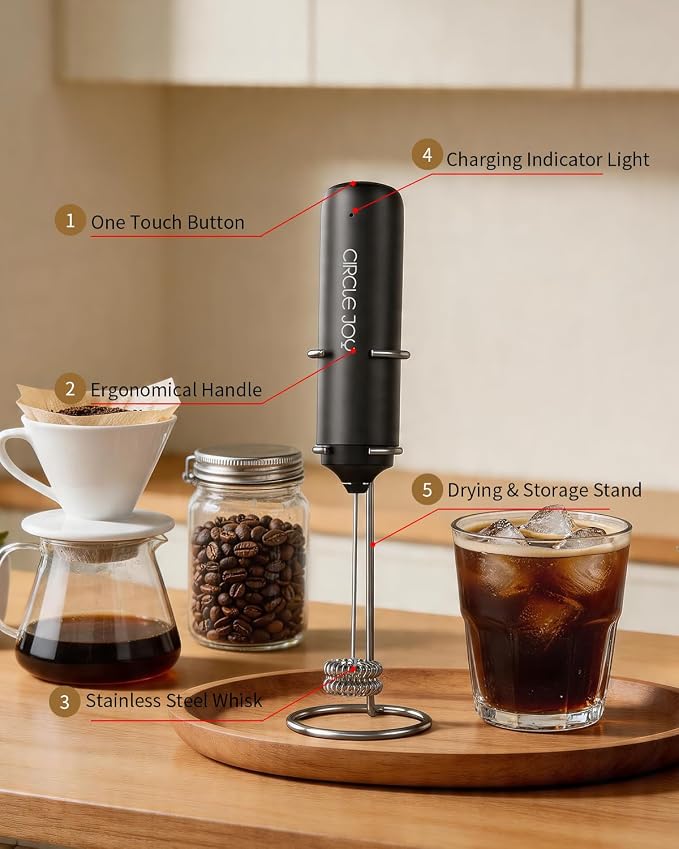 CIRCLE JOY Rechargeable Milk Frother Hanheld with Stand, Dual Coil Whisk Head Electric Coffee Frother, Portable Hand Frother Wand Drink Mixer for Matcha Lattes Cappuccino, Kitchen Gifts, Black