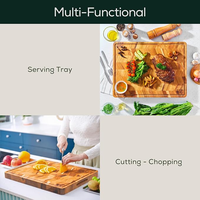 EZ FURNITURE Large (L) Teak Edge Grain Cutting Board, Reversible, Knife-Friendly Charcuterie Butcher Block with Juice Groove & Handles, Non-Toxic, Gift Box Included (Herringbone, 20" x 15" x 1.5")