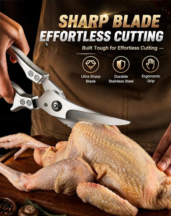 Stainless Steel Bone-Cut Kitchen Scissors, Heavy Duty Kitchen Scissors for Bone Cutting, Poultry Shears with Spring Loaded Handle, Multi-Function Snips for Chicken, Meat, Fish, Vegetables (A+B)