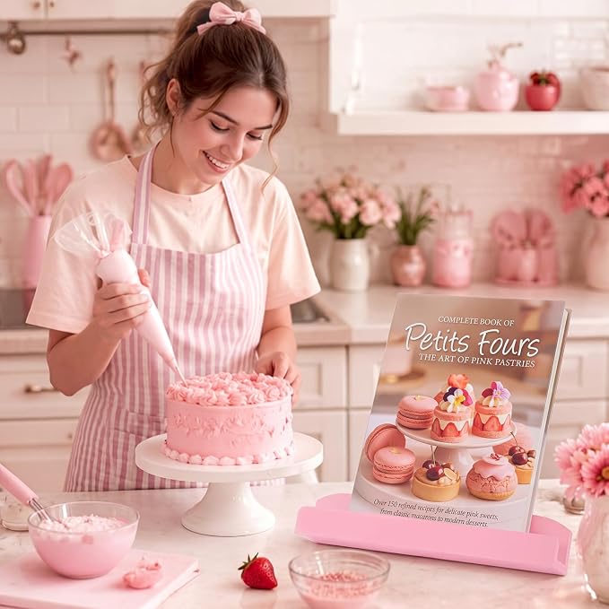Hushee Pink Bow Cookbook Stand for Kitchen Counter Solid Wood Recipe Book Holder Coquettish Kitchen Decor Pink Countertop Book Holder Rack for Recipes Housewarming Gift, 18.7x8.7 Inch