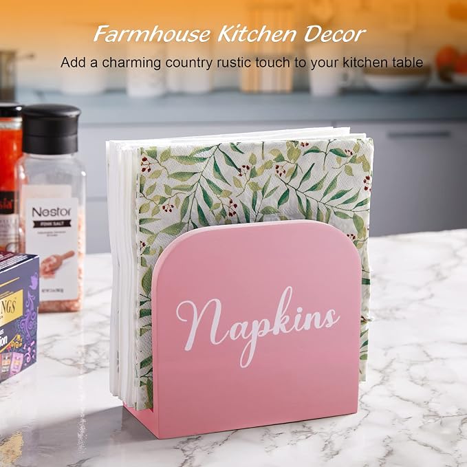 ALELION Pink Napkin Holder for Table - Wooden Napkin Holders for Kitchen - Pink Kitchen Decor and Accessories for Dining Room Table - Wood Napkin Dispenser