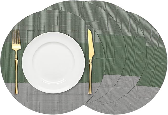 Round Placemats Set of 4, 15 Inch Woven Vinyl Heat Resistant Place Mats, Washable Non Slip PVC Table Mats for Kitchen Dining Party Outdoor Table Decor (Gray Sage Green, 4)