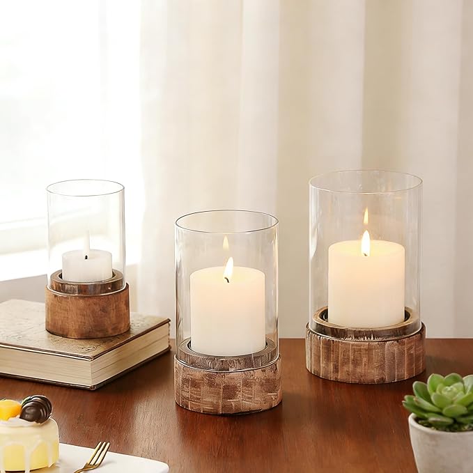 Set of 3 Glass Hurricane Candle Holders for Pillars with Vintage Natural Solid Wooden Bases, Farmhouse Candle Holder, Candle Stand, Candlestick Holders, Centerpiece for Home, Table, Wedding