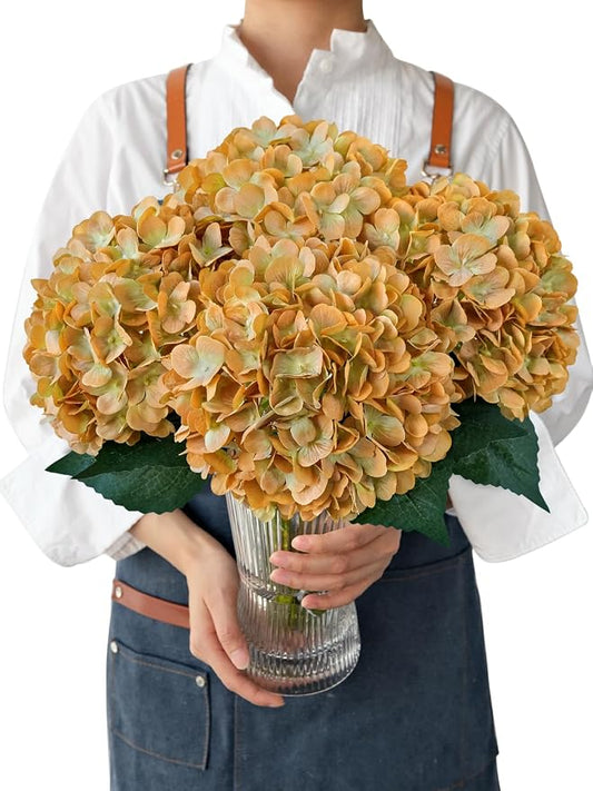 JINWOE Real Touch Vintage Artificial Hydrangeas, 4PCS 21" Large Boho Fall Faux Hydrangea Flowers, Fake Flowers for Wedding Bouquet Centerpieces Tables Party Home Baby Showers（Orange）