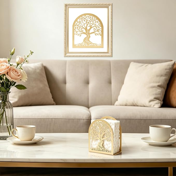 Napkin Holder for Table, Tree of Life Decorative Metal Napkin Dispenser for Kitchen Dining, Countertop, Coffee Bar Tabletop Decor, Restaurant and Outdoor Use Gold
