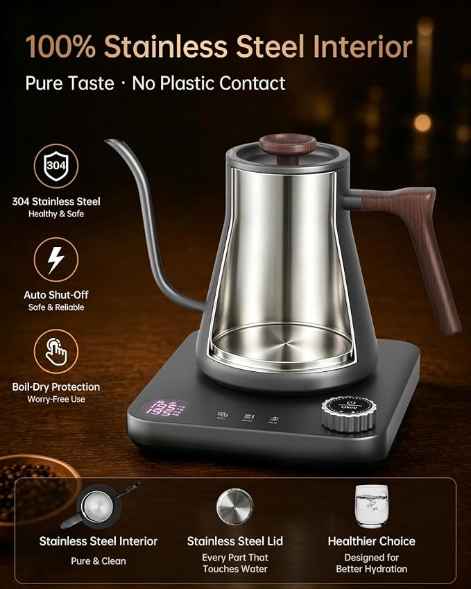 Gooseneck Electric Kettle for Pour Over Coffee, ±1°F Precision Control, Smart Two-Stage Heating, 2-Hour Keep Warm, 0.9L Stainless Steel, Gray Wood Handle