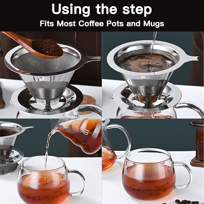 Pour Over Coffee Dripper, Stainless Steel Coffee Filter, Fine Mesh Double Layer Design of Manual Reusable Cone Coffee Filters, Paperless Pour Over Coffee Maker (Double mesh 1-4 cups silver)