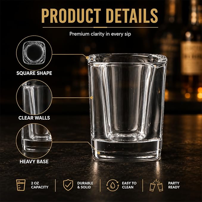 Ruckae 12 Pack 2 OZ Shot Glasses Set Clear Shot Glasses Bulk with Heavy Base Bar Square Glass Shot Cups for Vodka Tequila Whiskey Liquor