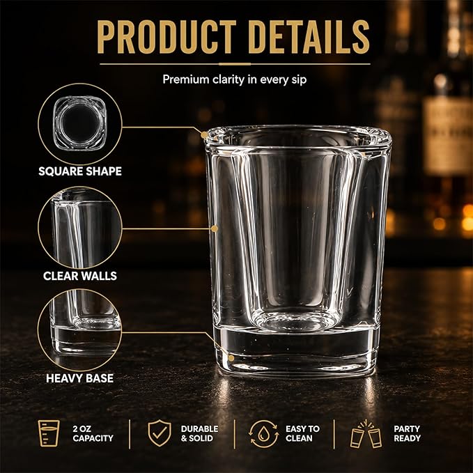 Ruckae 12 Pack 2oz Shot Glasses Set with Trays Heavy Base Clear Square Shot Glasses Bulk for Vodka Tequila Whiskey Liquor