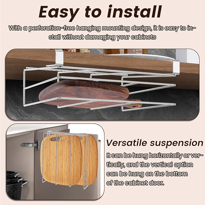 Stainless Steel Under Cabinet Cutting Board Holder, Hanging Shelf for Chopping Board, Books, Files, Silver, 25 cm (H) x 3 cm (D) x 3 cm (W)