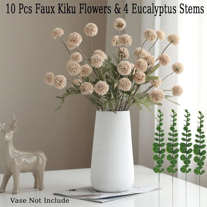 10pcs Faux Beige Kiku Flowers, 5 Heads Each Stem & 4 Branches Eucalyptus Stems, Artificial Small Mini Chrysanthemum Flowers for Aesthetic Room Decor, Floral Arrangements Centerpiece