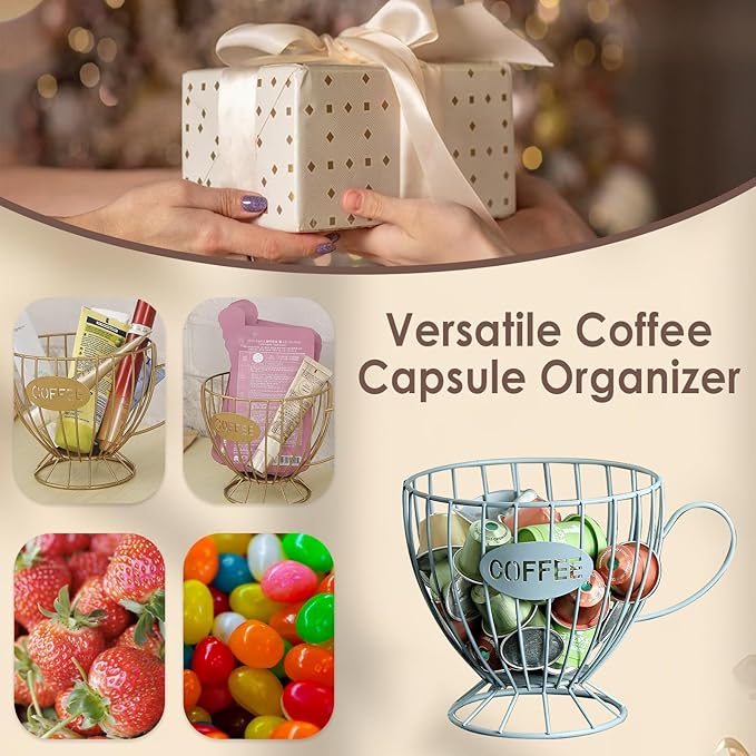 2-Pack Capsule Holder, Large Coffee & Tea Storage Organizer, Metal Basket for Countertop, Multi-Purpose Organizer for Home, Office, Cafe (Blue)