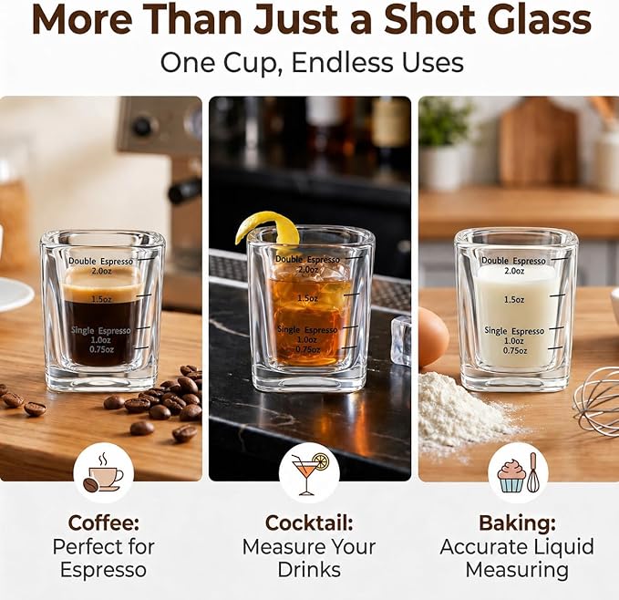 Ruckae Shot Glasses Measuring Cup Set 12 Pack Square Espresso Shot Glasses Liquid Heavy Glass -Incremental Measurement 2oz Shot Glass for Bars and Home Use