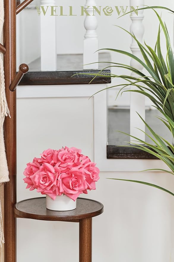 WELL KNOWN Artificial Flowers in Vase, Silk Rose Arrangement Mini Potted Fake Flowers with White Ceramic Vase for Home Wedding Vanity Coffee Table Centerpiece Bathroom Anniversary Decor (Hot Pink)