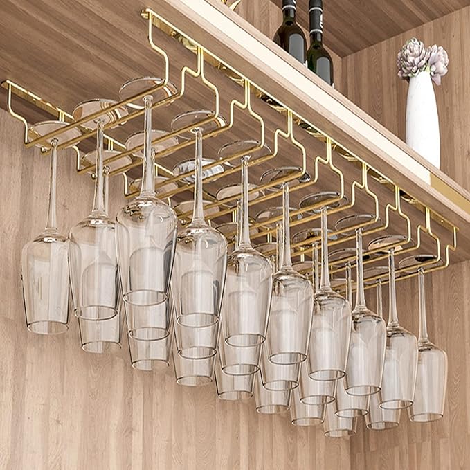 V3VOGUE Wine Glass Rack, Under Cabinet Stemware Wine Glass Holder, Glasses Storage Hanger, Hanging Stemware Display Rack, Perfect for Home, Storage Rack, Bar, Cellar, Cabine - Gold (Size : 6Row)