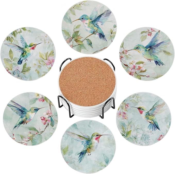 Drink Absorbent Coasters with Holder Set of 6, Ceramic Stone with Cork Base, Watercolor Hummingbird and Flowers Coaster for Drinks, Gift for Housewarming Room Bar Home Decor Kitchen